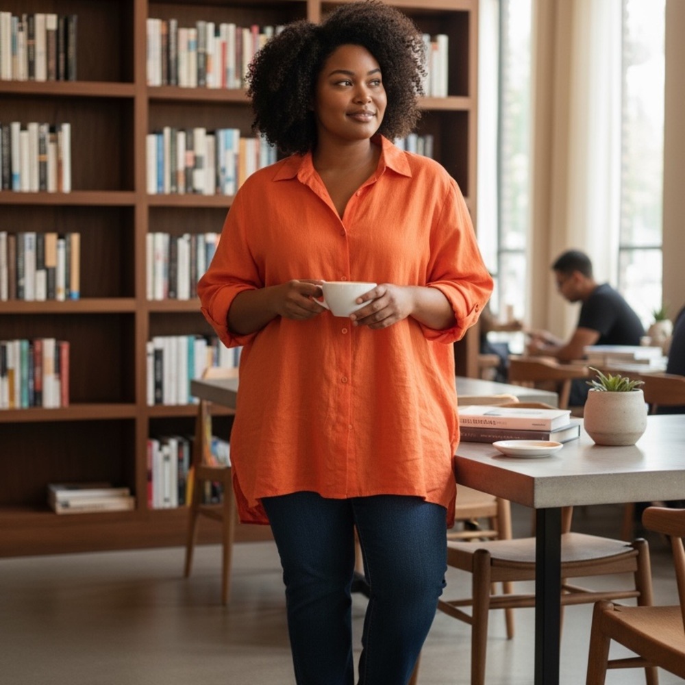 Oversized Orange linen Button-Up Shirt 3x